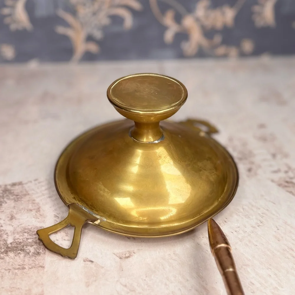 Antique Style Brass Pedestal Bowl w Handles Etched Footed Dish